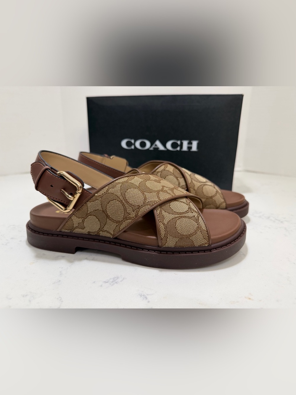 Coach Khaki Signature Canvas & Brown Leather Cross-Strap Sandals - Picture 9 of 14
